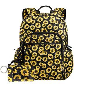 DONGGANGAJI Women's Campus Backpack with wallet set , Casual Daypack Backpacks with trolley sleeve (Sunflower)