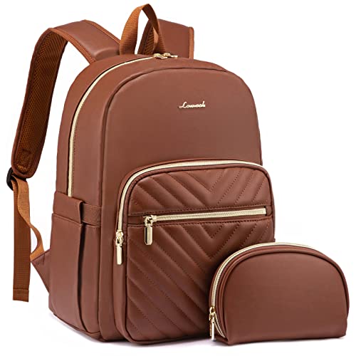 LOVEVOOK Backpack Purse for Women Ladies Backpack Leather Fashion Backpacks Cute Travel Backpack Waterproof,with plenty of compartments include 14 inch laptop pocket， 2pcs Sets ,Brown