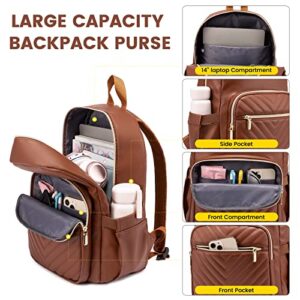 LOVEVOOK Backpack Purse for Women Ladies Backpack Leather Fashion Backpacks Cute Travel Backpack Waterproof,with plenty of compartments include 14 inch laptop pocket， 2pcs Sets ,Brown