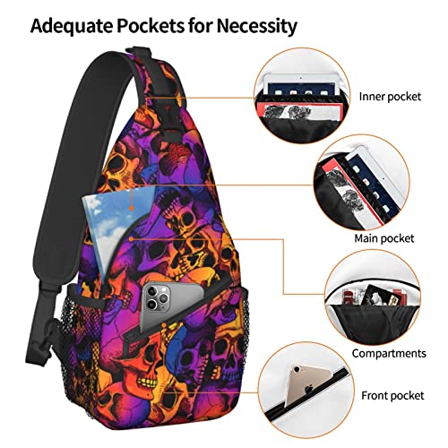 Sling Bag Purple Skull Crossbody Backpack for Women Men Hiking Travel Over the Shoulder Bag Pouch Small Daypack Casual One Strap Pack Lightweight Cross Chest Bag Purse Outdoor Cycling