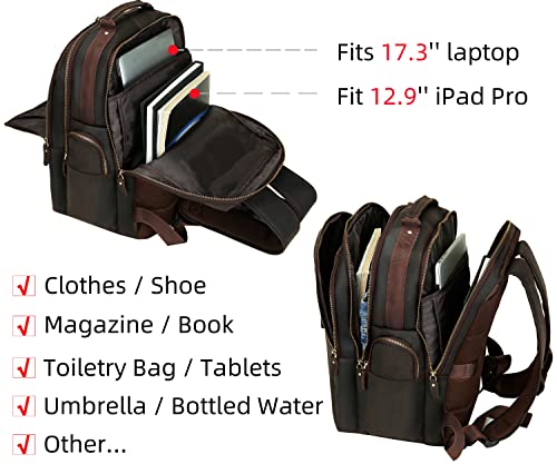 UBANT Leather Backpack for Men, Vintage Full Grain Leather 17.3'' Laptop Backpack with USB Charging Port, 45L Extra Large School College Bookbag Business Office Work Bag Travel Weekender Daypack