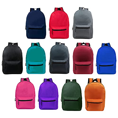 Moda West Wholesale Classic 15 Inch Basic Backpack in 12 Assorted Colors - Bulk Case of 24 Bookbags