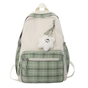 mbvbn cute plush pendant plaid backpack patchwork travel student laptop bag (green), medium