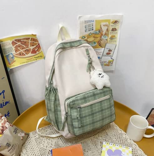 MBVBN Cute Plush Pendant Plaid Backpack Patchwork Travel Student Laptop Bag (Green), Medium