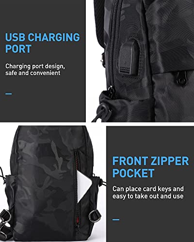 Small Black Sling Crossbody Backpack Shoulder Bag for Men Women, Lightweight One Strap Chest Backpack Sling Bag Backpack for Hiking Walking Biking Travel Cycling USB Charger Port Nylon Camouflage