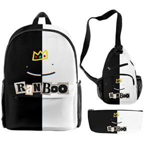 ranboo three piece 3d student backpack dream team smp men ladies casual chest bag (three-piece set) (a)