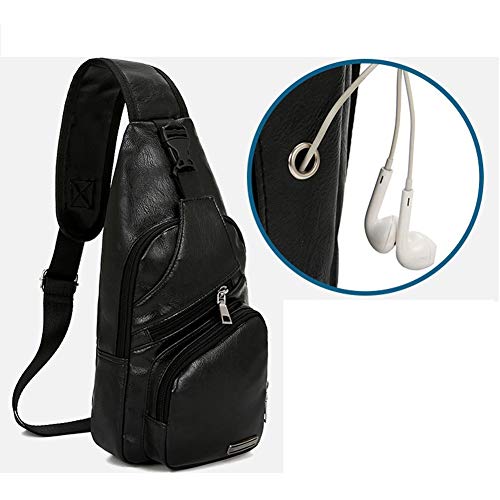 Men Shoulder Crossbody Sling Bag, PU Leather Chest Backpacks Crossbody Daypacks with USB Charging Port for Outdoor Activities (Black)