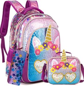 unicorn backpack for girls 16″ backpacks for girls for school sequin backpack with lunch box for elementary girls students