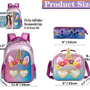 Unicorn Backpack for Girls 16" Backpacks for Girls for School Sequin Backpack with Lunch Box for Elementary Girls Students