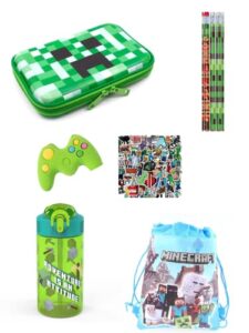 gamer school set pencil case, 4 pixaletd pencils, 1 gamer control eraser, 50 stickers, 1 drawstring bag and 16oz water bottle