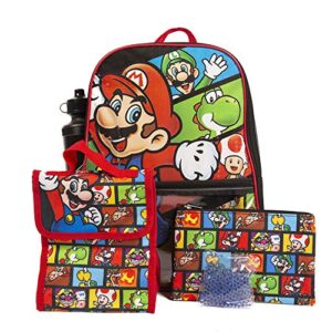 super mario backpack with lunch box set for boys & girls, 16 inch, 5 piece value set