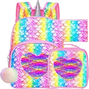 gxtvo 3pcs backpack for girls, 14.5″ mermaid sequin preschool elementary bookbag and lunch box