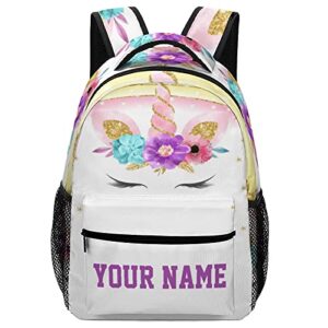 custom kid backpack, pink unicorn flower personalized school bookbag with your own name, customization casual bookbags for student girls boys