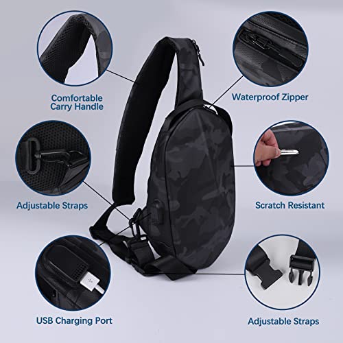 Lamgool Sling Bag for Men Waterproof Shoulder Bag Travel Hiking Hard Shell Sling Backpack Lightweight Cross Body Bag with Usb Charger Port