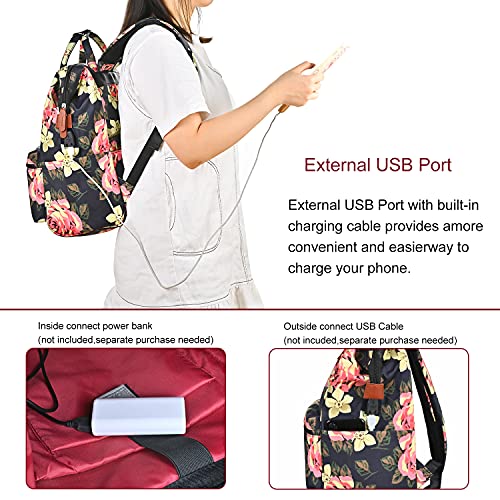 BRINCH Laptop Backpack 15.6 Inch Wide Open Computer Backpack Laptop Bag College Rucksack Water Resistant Business Travel Backpack Multipurpose Daypack with USB Charging Port for Women Girls, Flower