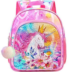 wzlvo toddler backpack for girls, 12″ cute unicorn sequin preschool bookbag, kindergarden school bag for little kids