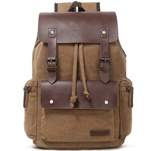 lacattura vintage leather backpack for men and women, denim canvas school bookbag college travel laptop rucksack vegan daypack – brown