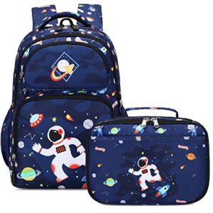 Kids Backpack for Boys Elementary School Backpack with Lunch Bag 2 in 1 Set School Bag for Boys Water Resistant Astronaut Space Backpack