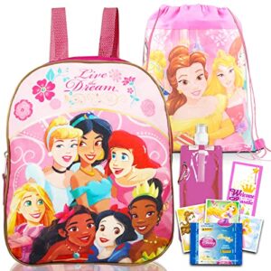 disney princess backpack and drawstring bag for girls set – bundle with 11” princess mini backpack, disney princess drawstring bag, water bottle, stickers, more | princess backpack for girls