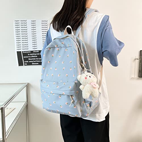 kakarin choyx Kawaii Backpack Mori Art Floral School Bag With Pendant 16.1 Inch Aesthetic Backpack Cute Backpack Classic Casual Computer Backpack (Blue)