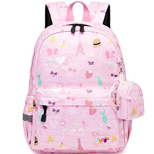 MIRLEWAIY Little Kids Backpack Preschool Cute Kindergarten School Bag for Boys and Girls with Coin Pouch, Hamburger, Pink