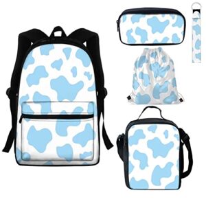 giftpuzz blue cow print backpacks for girls boys book bag back packs with lunch box pencil case drawstring bag keychain teens schoolbags back packs satchel for travel daypack