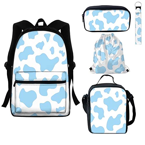 GIFTPUZZ Blue Cow Print Backpacks for Girls Boys Book Bag Back Packs with Lunch Box Pencil Case Drawstring Bag Keychain Teens Schoolbags Back Packs Satchel for Travel Daypack