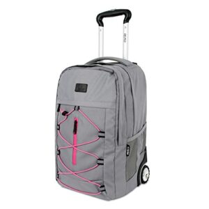 j world new york lash rolling backpack. laptop bag wheeled carry-on travel, grey/pink, 19 x 13 x 7.5 (h x w x d)