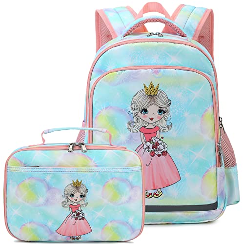 Princess Backpack For Girls,Kids School Backpack Kindergarten Book Bag Set With Lunch Box (Green-Princess)