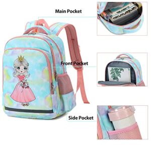 Princess Backpack For Girls,Kids School Backpack Kindergarten Book Bag Set With Lunch Box (Green-Princess)