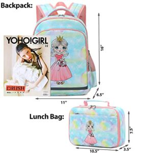 Princess Backpack For Girls,Kids School Backpack Kindergarten Book Bag Set With Lunch Box (Green-Princess)