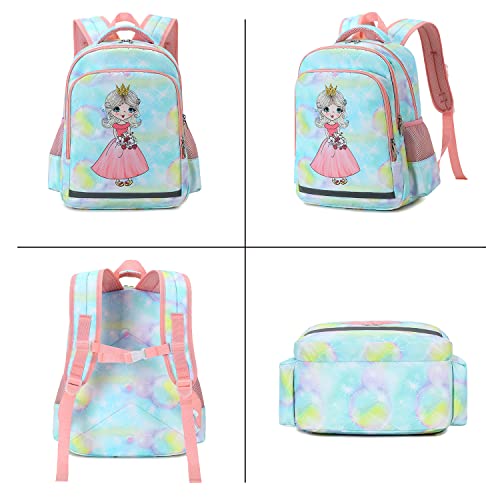 Princess Backpack For Girls,Kids School Backpack Kindergarten Book Bag Set With Lunch Box (Green-Princess)