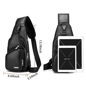 JUMO CYLY Leather Sling Bag for Men Women, Soft Sling Chest Bag, Waterproof Shoulder Chest Bag Small Lightweight Sling Backpack with USB Charging Port. (Small Black2)