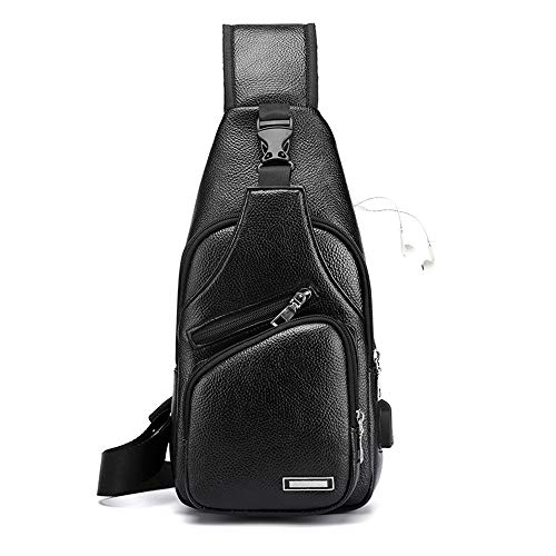 JUMO CYLY Leather Sling Bag for Men Women, Soft Sling Chest Bag, Waterproof Shoulder Chest Bag Small Lightweight Sling Backpack with USB Charging Port. (Small Black2)