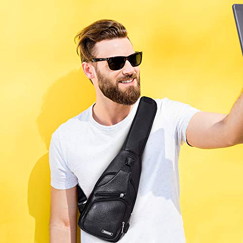 JUMO CYLY Leather Sling Bag for Men Women, Soft Sling Chest Bag, Waterproof Shoulder Chest Bag Small Lightweight Sling Backpack with USB Charging Port. (Small Black2)