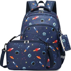 mirlewaiy boys backpack purse set kids space rocket printed school bag 15.7 inch multipocket bookbag with insulated lunch box and coin pouch, dark blue rocket