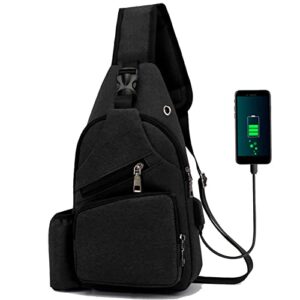 sling bag – shoulder backpack chest bags crossbody daypack for women & men with usb charging port ((12.6 * 7.28 * 2.36 inch)-m-black)