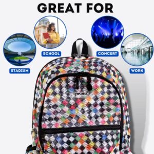 J World New York Mesh Backpack for Adults. Transparent See-Through Book-Bag for School, Beach, Swim, Gym, Checkers, 18 X 13.5 X 8.5 (H X W X D)