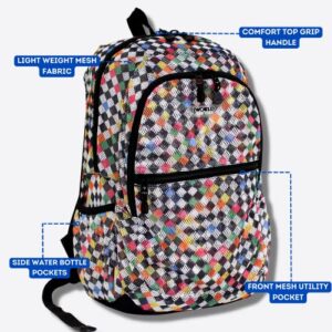 J World New York Mesh Backpack for Adults. Transparent See-Through Book-Bag for School, Beach, Swim, Gym, Checkers, 18 X 13.5 X 8.5 (H X W X D)