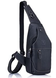 bullcaptain men leather sling chest bag outdoor travel shoulder crossbody bags hiking small backpack (black)