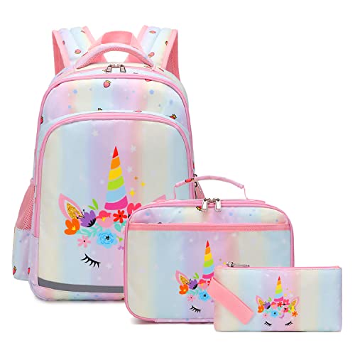 JSQDAGZH Unicorn Backpack and Lunch Box for Girls, Unicorn Backpack for Girls Kids School Bags Backpack with Lunch Box and Pencil Case (Unicorn)