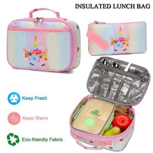 JSQDAGZH Unicorn Backpack and Lunch Box for Girls, Unicorn Backpack for Girls Kids School Bags Backpack with Lunch Box and Pencil Case (Unicorn)