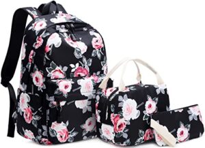 backpack for girls, joyfulife teen backpacks lightweight kids bookbags school backpack with lunch box pencil case travel laptop backpack casual daypacks floral (black)