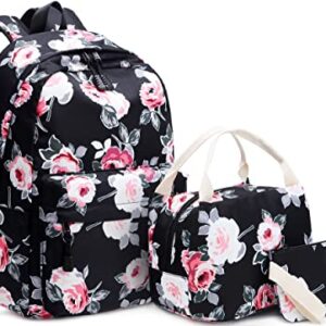 Backpack for Girls, Joyfulife Teen Backpacks Lightweight Kids Bookbags School Backpack with Lunch Box Pencil Case Travel Laptop Backpack Casual Daypacks Floral (Black)