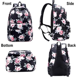 Backpack for Girls, Joyfulife Teen Backpacks Lightweight Kids Bookbags School Backpack with Lunch Box Pencil Case Travel Laptop Backpack Casual Daypacks Floral (Black)