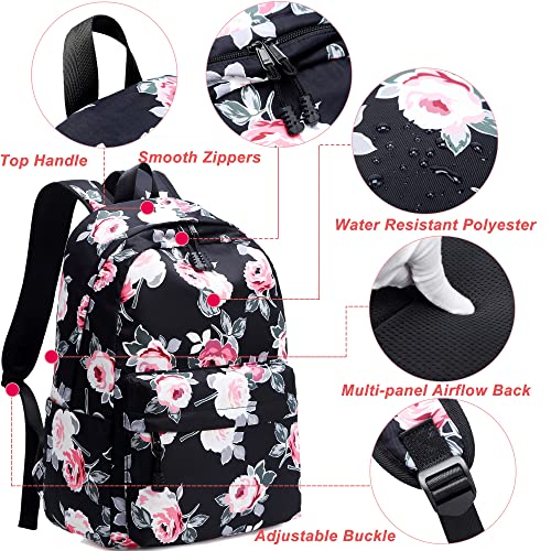 Backpack for Girls, Joyfulife Teen Backpacks Lightweight Kids Bookbags School Backpack with Lunch Box Pencil Case Travel Laptop Backpack Casual Daypacks Floral (Black)