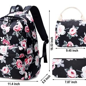 Backpack for Girls, Joyfulife Teen Backpacks Lightweight Kids Bookbags School Backpack with Lunch Box Pencil Case Travel Laptop Backpack Casual Daypacks Floral (Black)