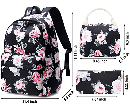 Backpack for Girls, Joyfulife Teen Backpacks Lightweight Kids Bookbags School Backpack with Lunch Box Pencil Case Travel Laptop Backpack Casual Daypacks Floral (Black)