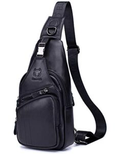 bullcaptain leather men sling bag casual crossbody chest bags travel daypack (black)