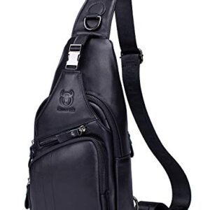 BULLCAPTAIN Leather Men Sling Bag Casual Crossbody Chest Bags Travel Daypack (Black)